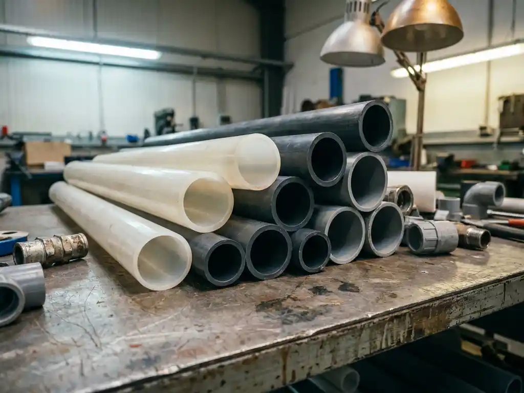 Industrielle Thermoplast-Rohre in Milchweiß und Anthrazit mit Rohrverbindern auf verwitterter Stahloberfläche einer Werkstatt.