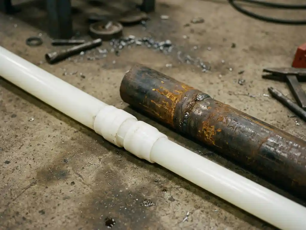Neue transluzente Thermoplastikrohr neben verrostetem Metallrohr auf Betonboden, Rohrverschraubungen und Schweißnähte sichtbar.