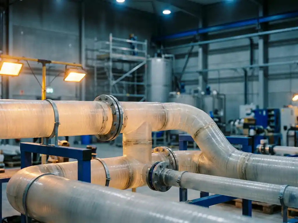 Transluzente Kunststoffrohre mit großem Durchmesser, Schweißnähte und Fittings in moderner Chemieanlage sichtbar.