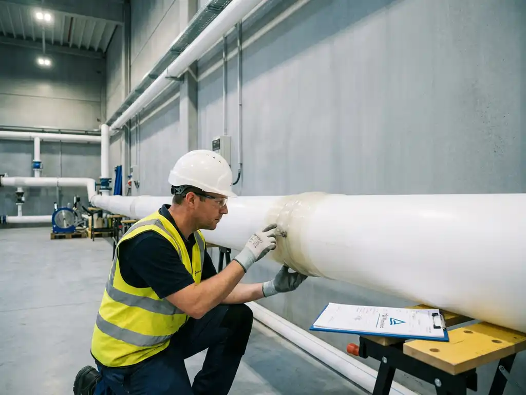 Techniker in Schutzausrüstung prüft geschweißte HDPE-Rohrverbindung an Betonwand in Industrieanlage mit Prüfklemmbrett.