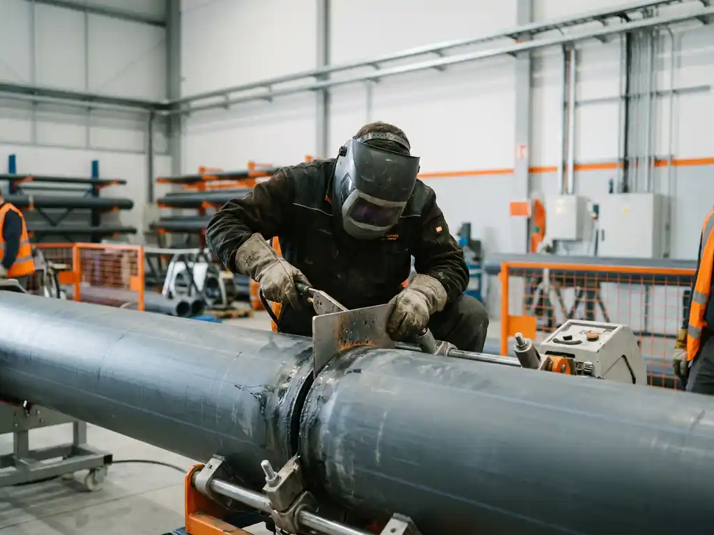 Zertifizierter Schweißer in Schutzausrüstung beim Heizelementschweißen großer Industriekunststoffrohre in einer professionellen Fertigungsanlage.
