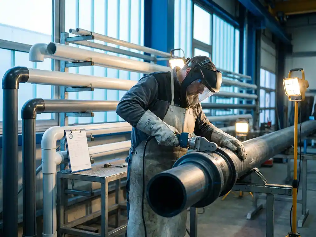 Techniker in Schutzausrüstung schweißt großen Thermoplast-Rohrverbund in Industriehalle mit PE-Rohrleitungen im Hintergrund.