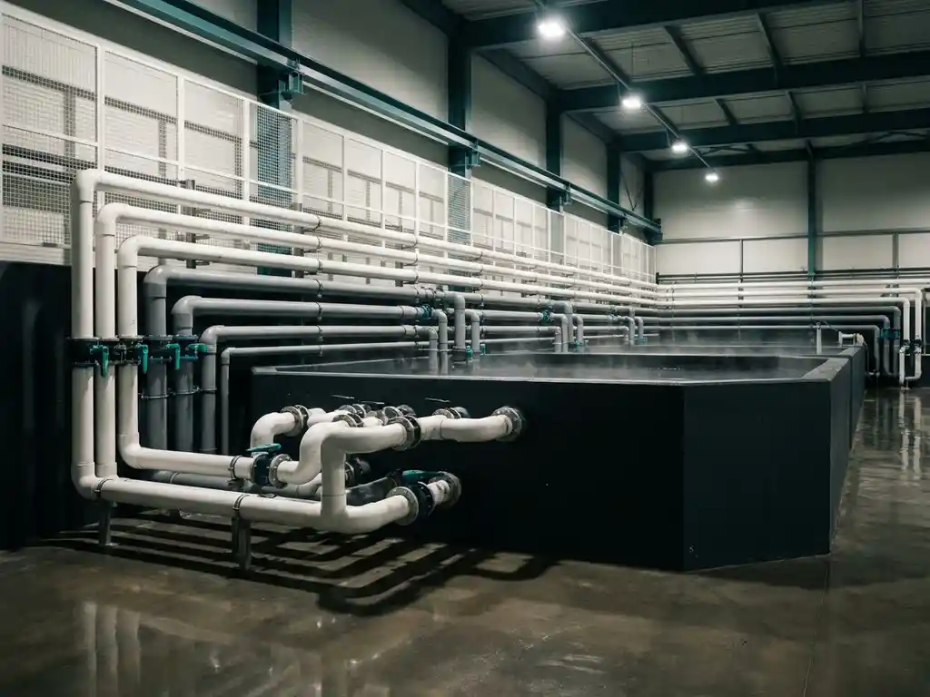 HDPE-Rohrverteiler aus weißem und grauem Kunststoff an einem Abwasserbehandlungstank in einer modernen Industrieanlage.