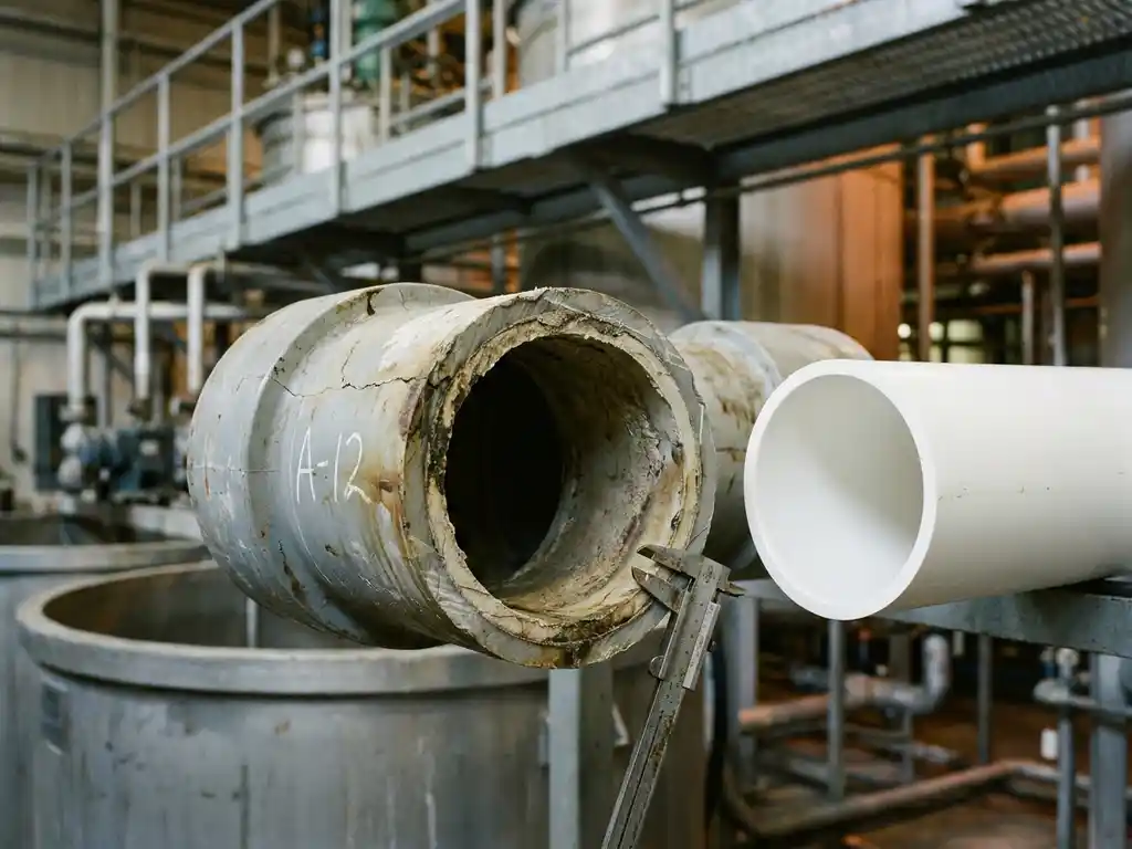 Verwittertes Industriekunststoffrohr im Querschnitt neben neuem weißem Thermoplastrohr in Chemieanlage, Messschieber an der Oberfläche.