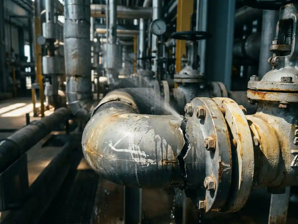 Gerissenes Industrierohr mit Druckflüssigkeitsaustritt in einer Chemieanlage, Korrosion und Spannungsrisse an der Rohrverbindung sichtbar.