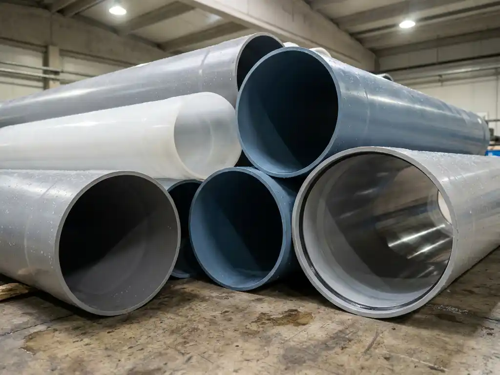 Industrielle Kunststoffrohre verschiedener Durchmesser auf Betonboden, Querschnitt zeigt glatte Innenwände, Wassertropfen auf den Oberflächen.