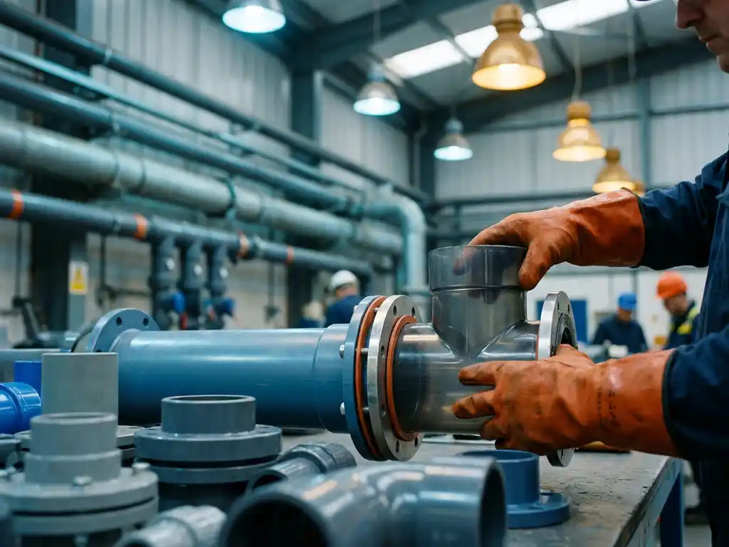 Techniker verbindet transparentes Kunststoff-Rohrverbindungsstück in moderner Industriefabrik mit chemikalienbeständigen Flanschen im Vordergrund.