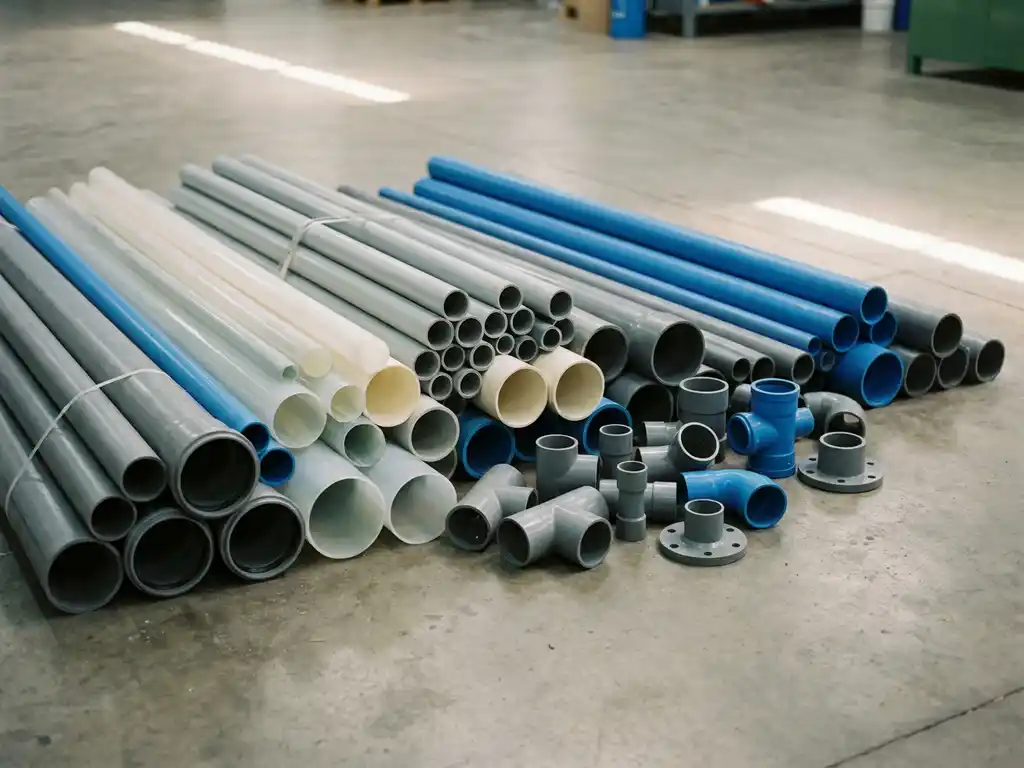Verschiedenfarbige Industriekunststoffrohre in unterschiedlichen Durchmessern auf Betonboden, mit Fittings und Verbindungsstücken.