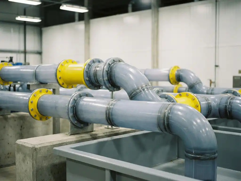 Großkalibrige Industrierohre aus Kunststoff mit Schweißnähten über einer Sekundärauffangwanne in einer sauberen Produktionsanlage.