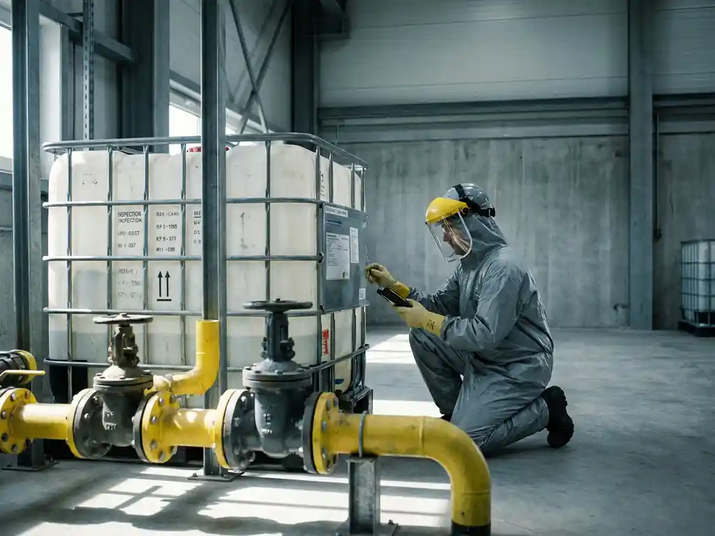 Techniker in Schutzausrüstung prüft einen großen Industrietank aus Kunststoff mit chemikalienbeständigen Rohrleitungen und Ventilen im Vordergrund.