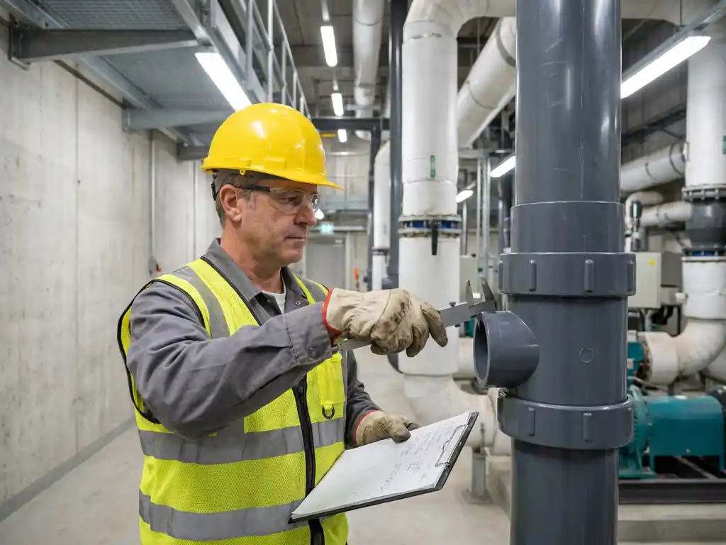 Zertifizierter Inspektor mit Schutzhelm prüft Industriekunststoff-Rohrleitungssystem mit Messgerät und Klemmbrett in moderner Fertigungsanlage.