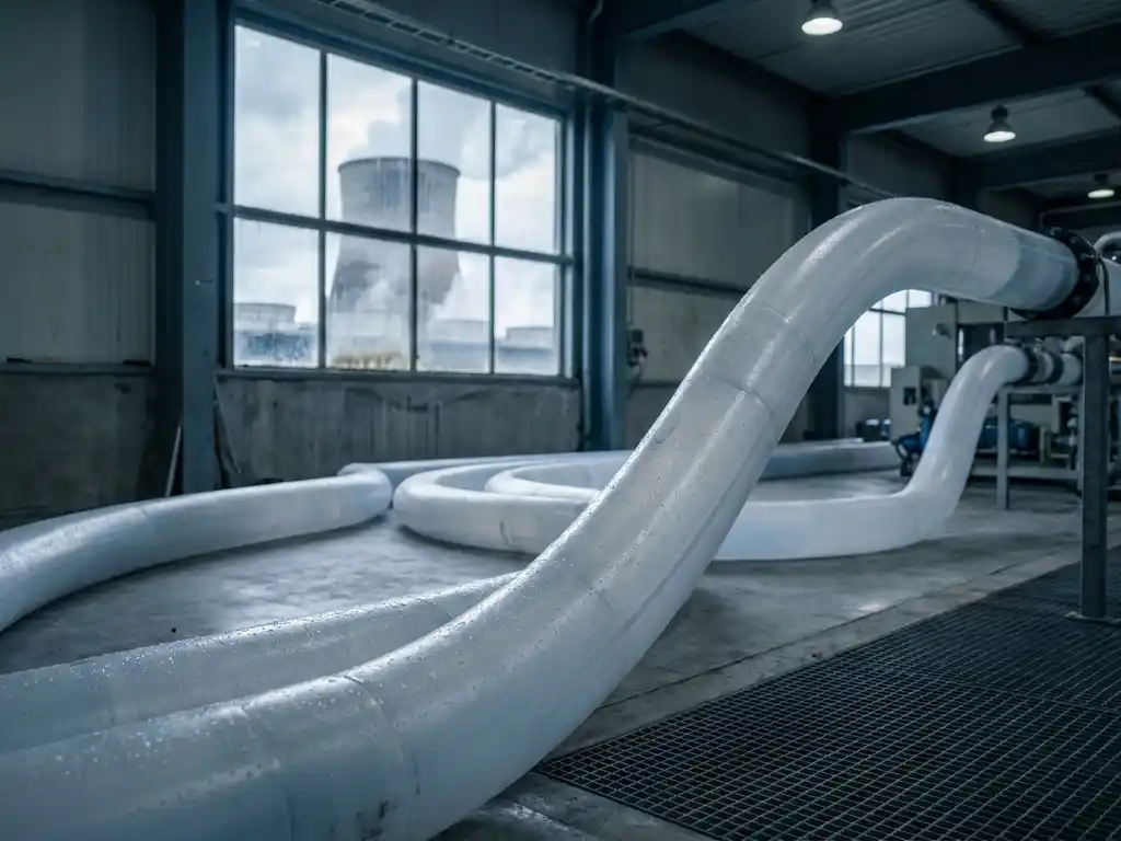 Industrielle Kühlwasserleitungen aus transparentem Kunststoff mit Kondensation, Kühlturm im Hintergrund durch Lagerfenster sichtbar.