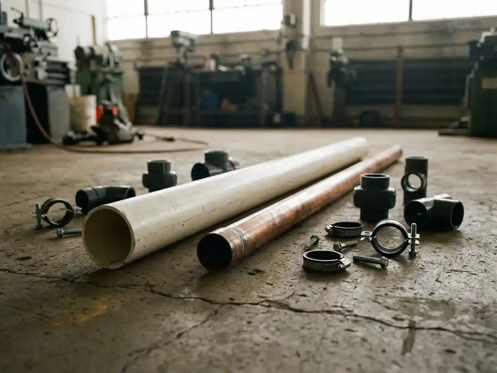 Kunststoffrohr und Kupferrohr nebeneinander auf Betonboden, mit chemiebeständigen Fittings und Rohrschellen.