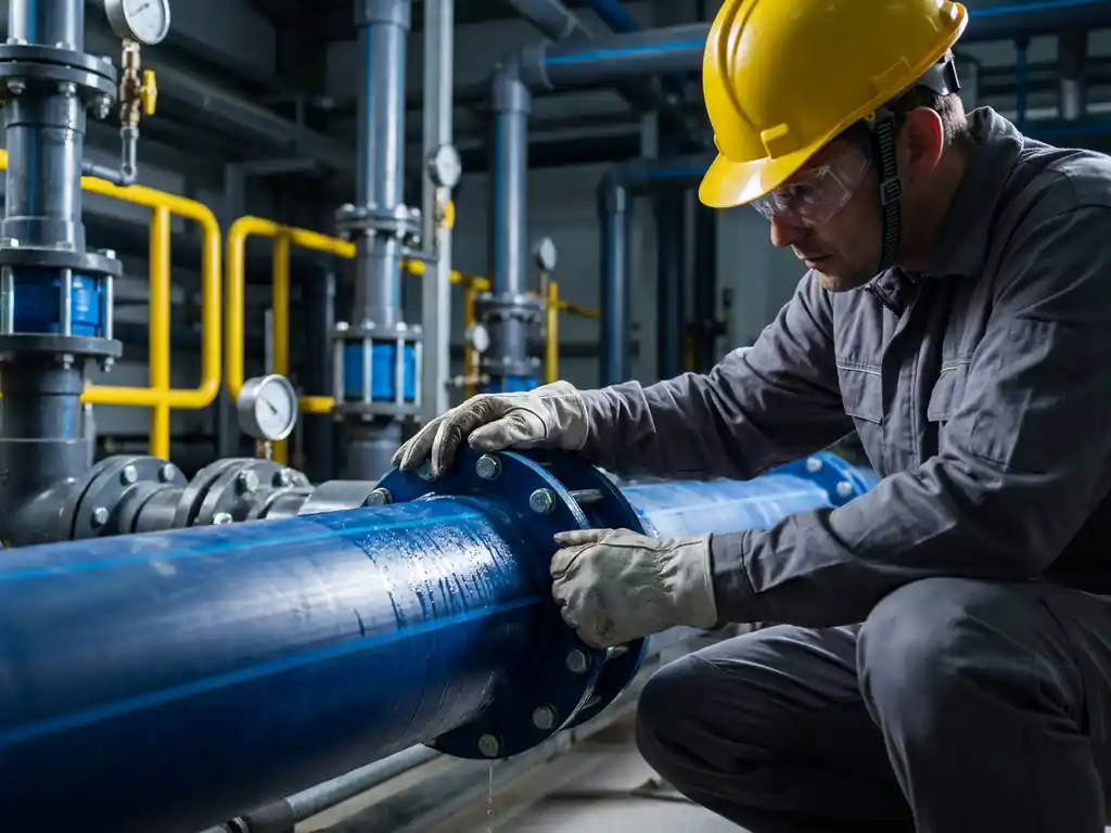 Techniker in Schutzausrüstung inspiziert undichte HDPE-Rohrverbindung in einer Chemieanlage mit großen Industrierohren.