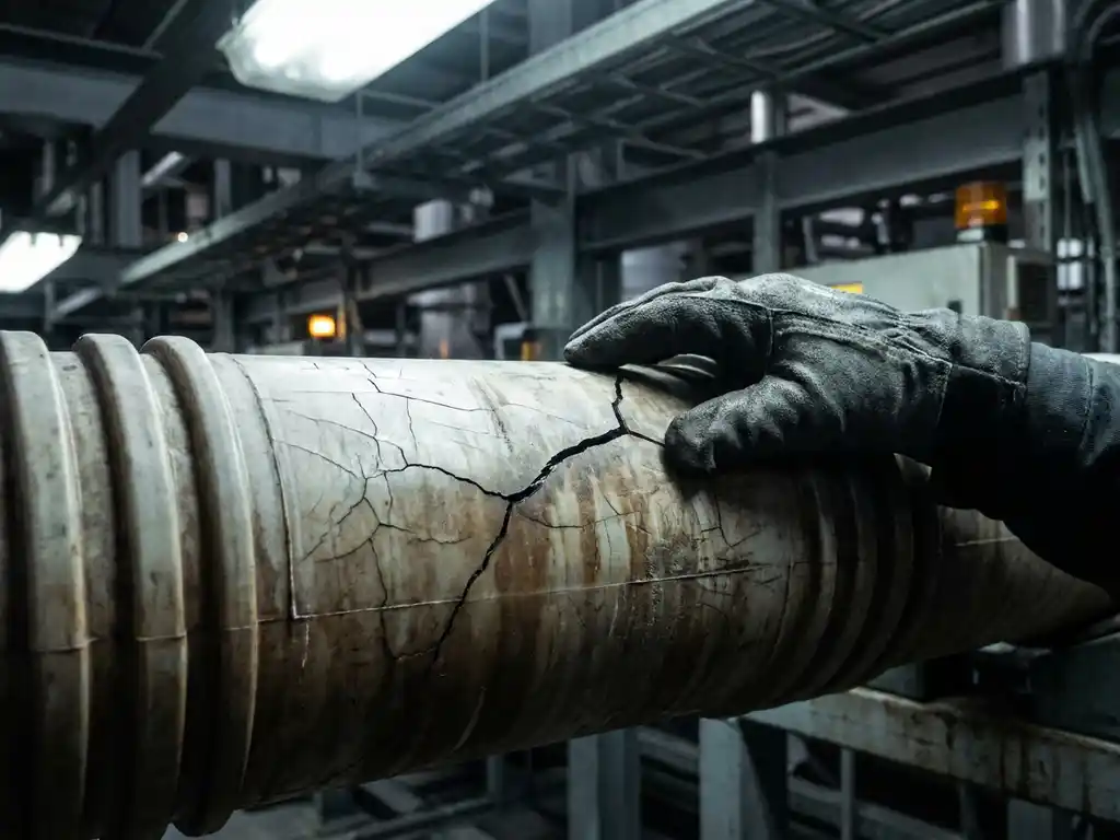 Techniker mit Handschuh untersucht Riss in verwittertem Kunststoffrohr unter industrieller Prüfbeleuchtung.