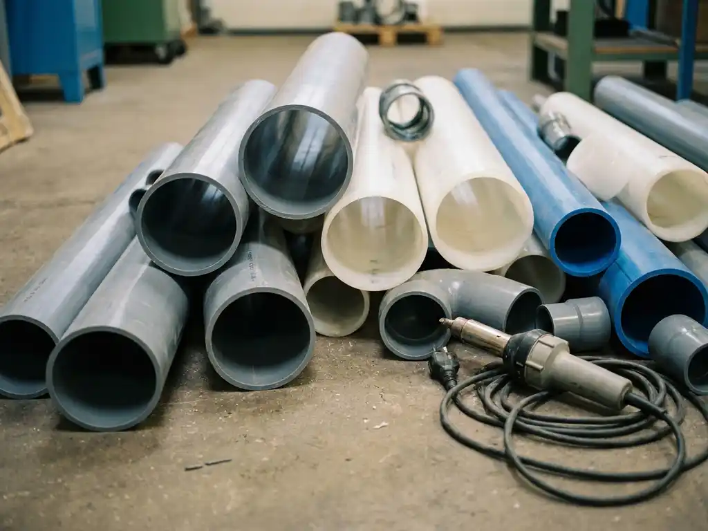 Industrielle Kunststoffrohre aus PP, PVC und PVDF in verschiedenen Durchmessern mit Querschnitten, Fittings und Schweißwerkzeug auf Betonboden.