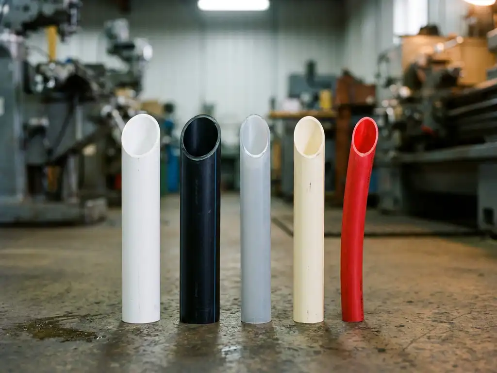 Fünf aufrecht stehende Kunststoffrohre aus PVC, HDPE, PP, CPVC und PEX in einer Reihe auf Betonboden einer Industriewerkstatt.