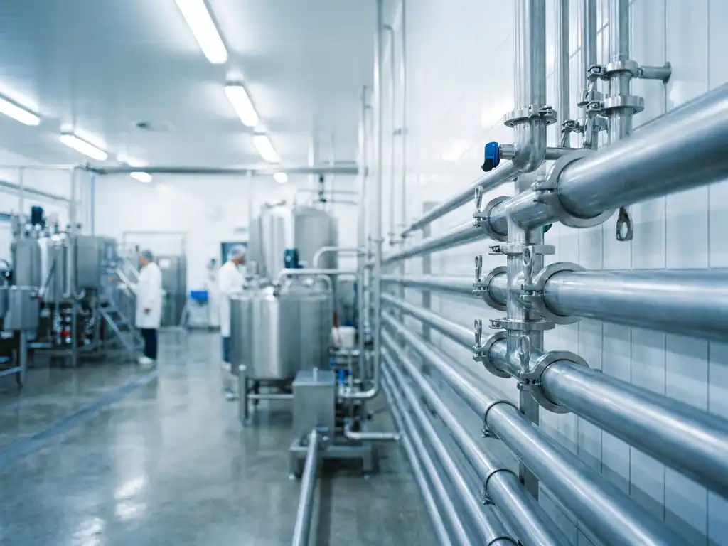Edelstahl-Rohrleitungssystem mit Hygieneklemmen in einer modernen Lebensmittelverarbeitungsanlage mit weißen Wänden und Betonboden.
