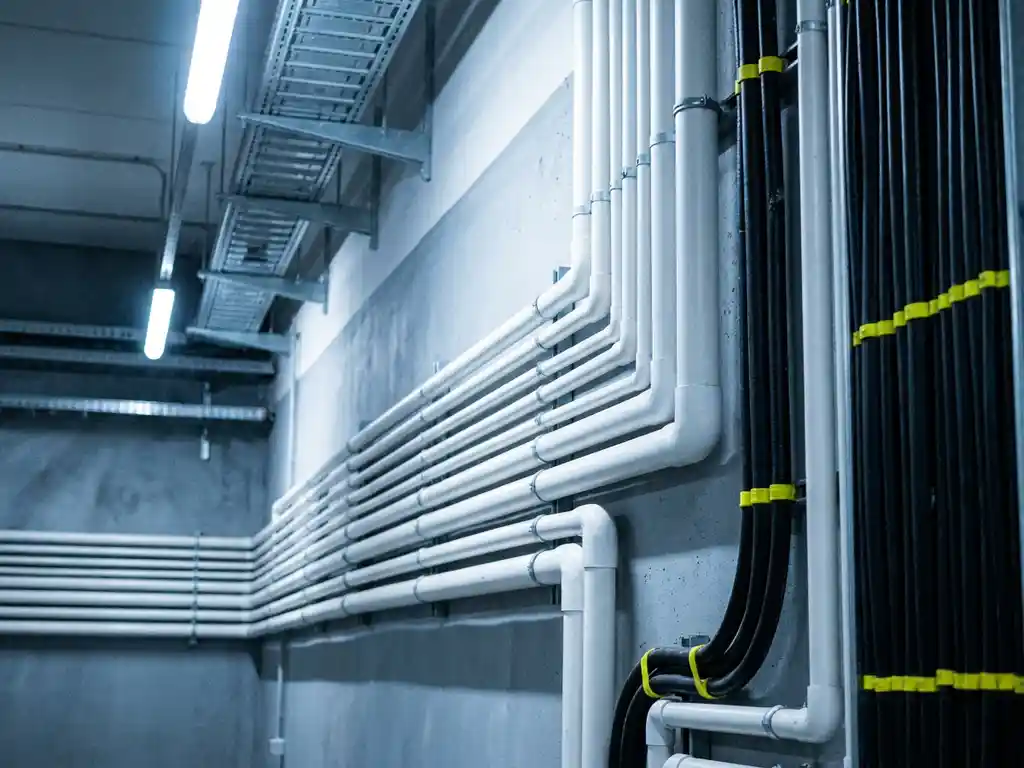 Weiße Thermoplast-Rohre und isolierte Elektroleitungen entlang einer Fabrikwand mit Kabelträgern im Hintergrund.