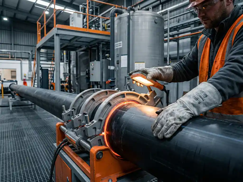 Techniker mit Schutzhandschuhen beim Stumpfschweißen von Kunststoffrohren mit Heizwendelschweißmaschine in Industrieanlage.