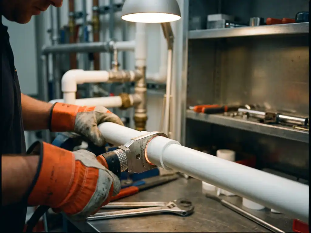 Techniker schweißt weißes Thermoplastrohr mit Heizwendelschweißgerät, industrielle Rohranlage im Hintergrund.