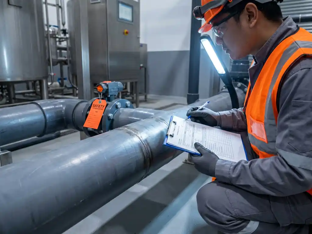 Techniker in Schutzausrüstung prüft Schweißnaht an Industriekunststoffrohren und hält Klemmbrett mit Prüfdokumenten.