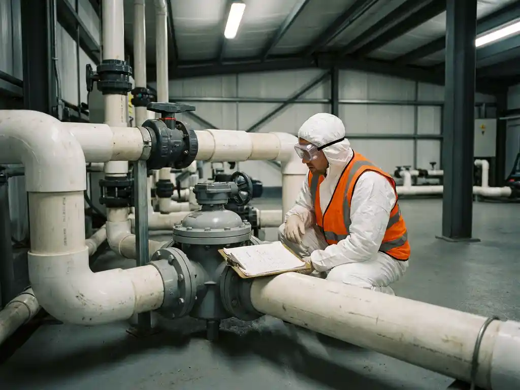 Techniker in Schutzausrüstung inspiziert industrielles Rohrleitungssystem aus weißem Kunststoff mit Ventilknotenpunkt und Klemmbrett.