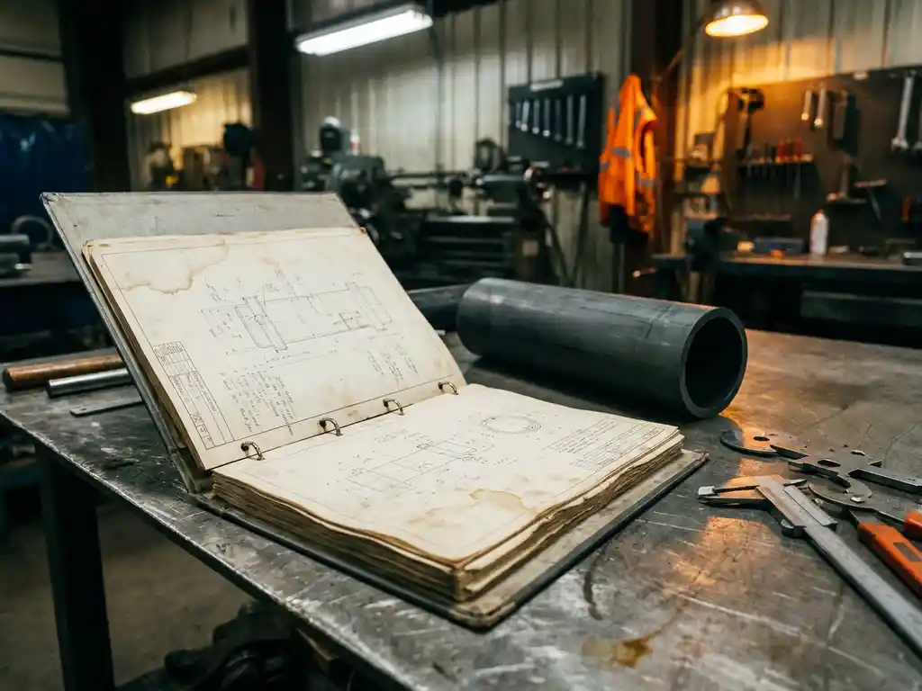 Aufgeschlagenes Technikhandbuch mit Konstruktionszeichnungen neben Thermoplastrohr und Schweißprüfwerkzeugen auf Stahltisch in Industriehalle.