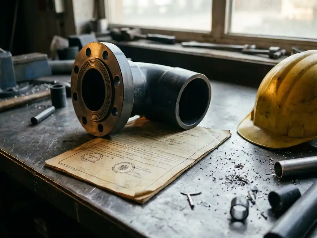 Verwittertes TÜV-Zertifikat unter einem Industrierohranschluss auf Stahlwerkbank, gelber Schutzhelm daneben, Metallspäne verstreut.