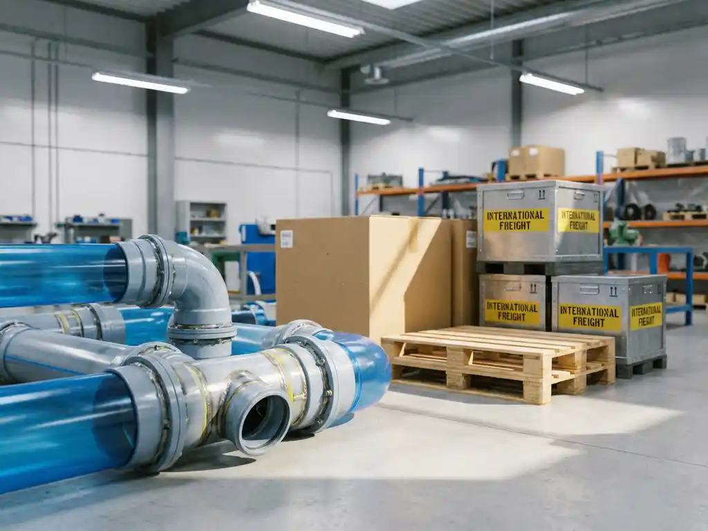Vorgefertigte Kunststoffrohrleitungen mit präzisionsgeschweißten Verbindungen auf Werkstattboden, Versandpaletten im Hintergrund.