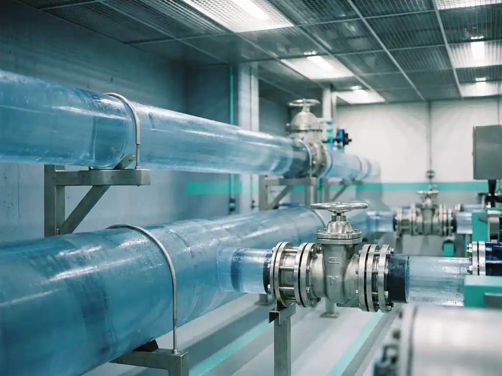 Transparente Großrohre aus Kunststoff mit fließendem Wasser in einer modernen Wasseraufbereitungsanlage mit Edelstahlarmaturen.
