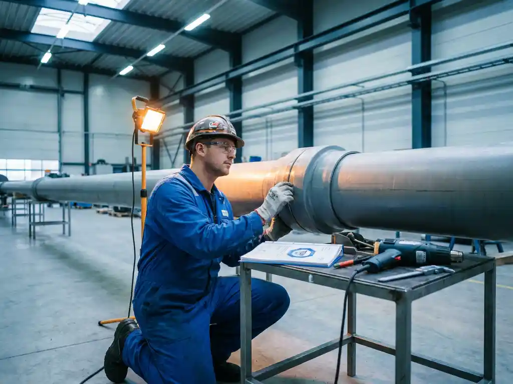 Industrietechniker in Schutzausrüstung prüft Thermoplast-Rohrverbindung; TÜV-Zertifikat und Schweißwerkzeuge auf Stahloberfläche.