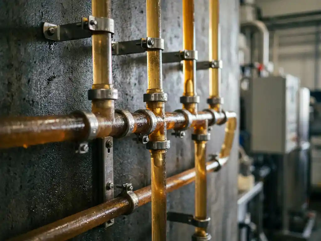 PVDF-Rohrverteiler mit Edelstahlschellen an Industriewand, bernsteinfarbene Chemikalie fließt durch transparente Kunststoffleitungen.