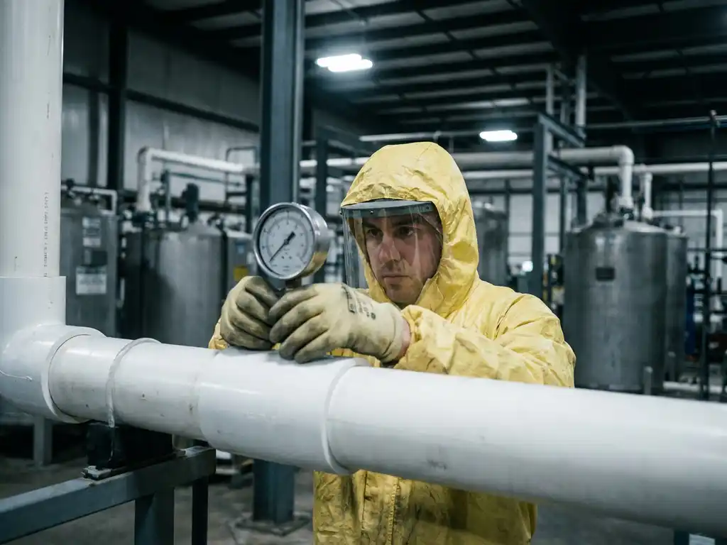 Techniker in Schutzausrüstung prüft Druckmesser an weißer Industriepipeline vor chemischen Tanks.