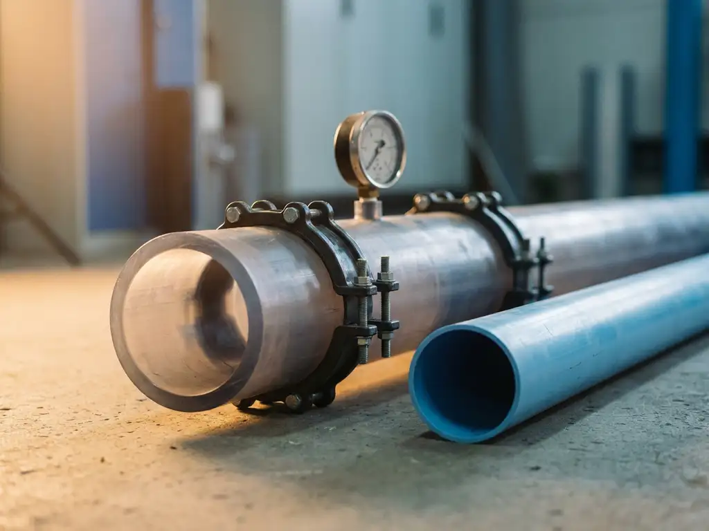 Druckrohr aus transparentem Kunststoff mit Metallschellen und Manometer neben einem glattwandigen Abflussrohr auf Betonboden.