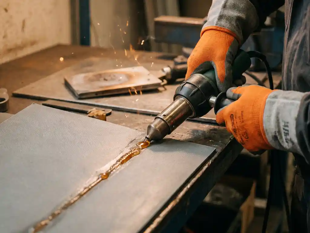 Techniker schweißt mit Handextruder eine graue Thermoplastplatte, frische Schweißnaht mit Kunststoffraupe sichtbar, Heizelement auf Werkbank.