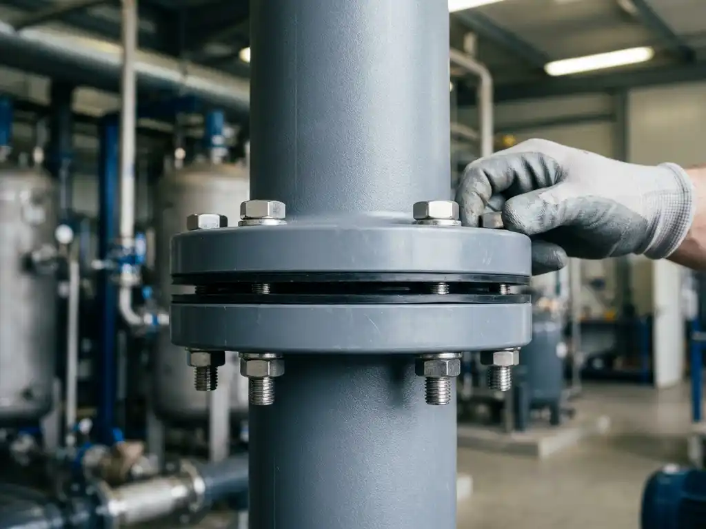 Grauer HDPE-Flansch mit Gummidichtung und Edelstahlschrauben in einer Industrierohrleitung einer Chemieanlage.
