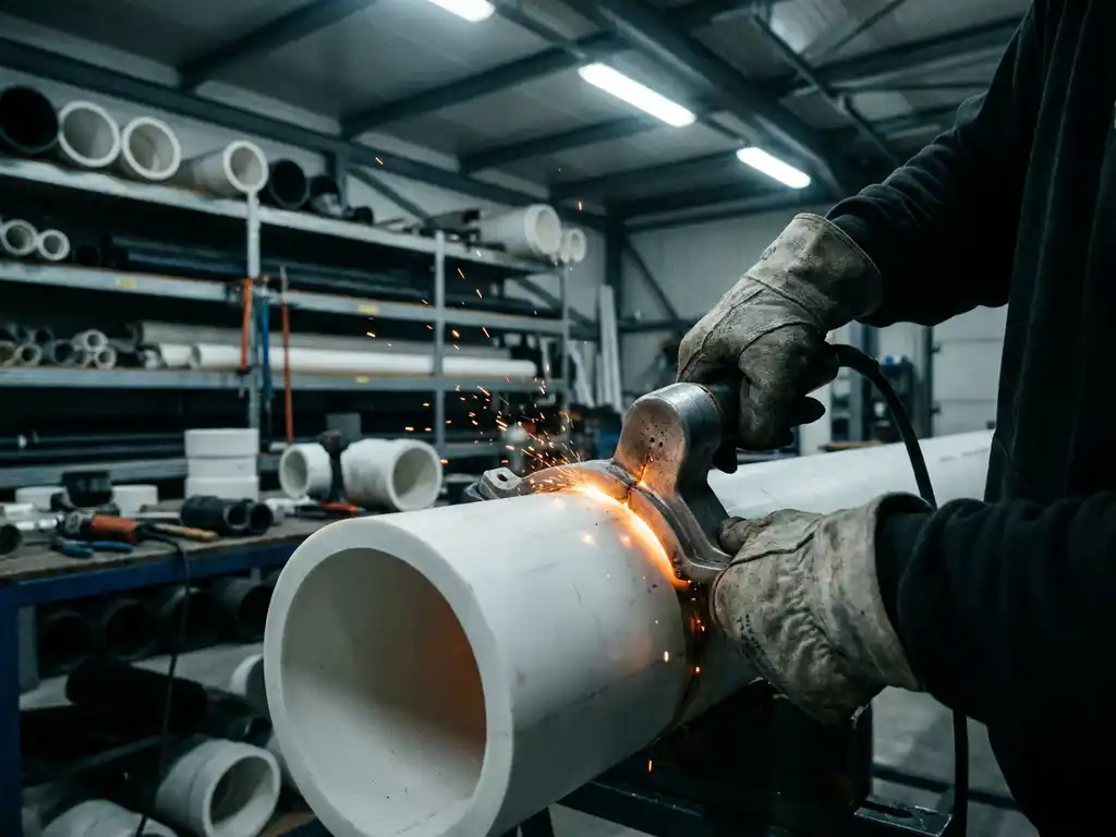 Techniker mit Schutzhandschuhen schweißt Elektroschweißfitting auf HDPE-Rohr, glühende Schweißnaht in Industriewerkstatt.