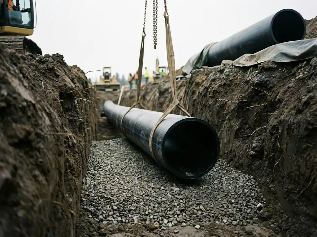 Schwarzes HDPE-Rohr wird in einen ausgehobenen Graben mit Kiesbettung abgesenkt, zweites Rohrsegment am Grabenrand.