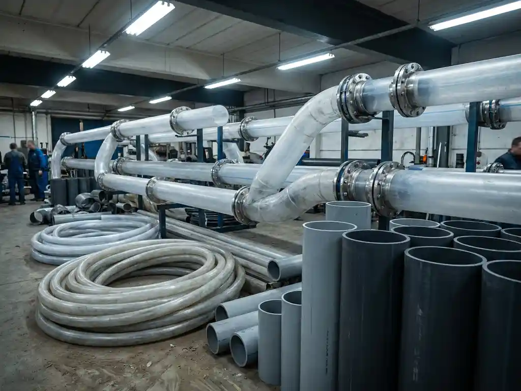 Großformatige transparente Kunststoffrohre mit Flanschen und Fittings in einem Industrienetzwerk auf Betonboden einer Fabrikhalle.