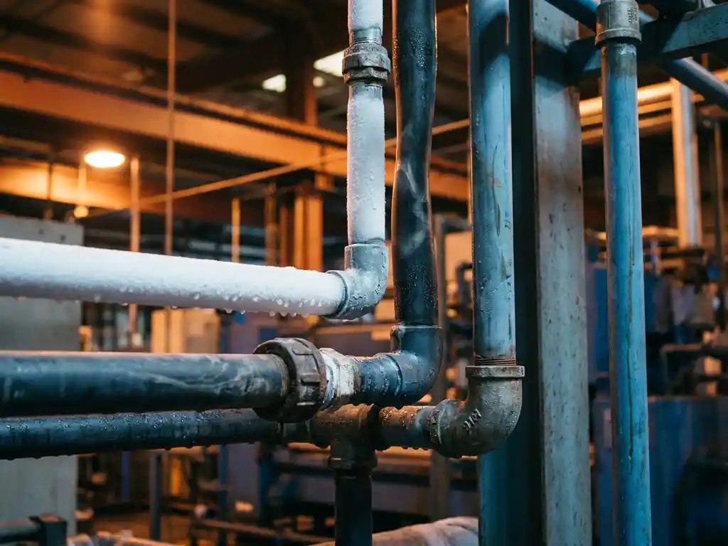 Industrielle Kunststoffrohre mit Kondensationstropfen und Wärmeverformungen in einer Fabrikumgebung mit warmem Licht und eisblauem Schatten.