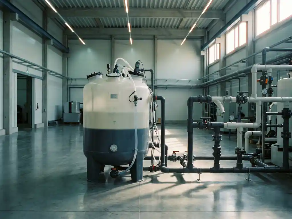 Großer Kunststoffbehälter neben einem verzweigten Industrierohrsystem in einer modernen Fabrikhalle mit Betonboden.