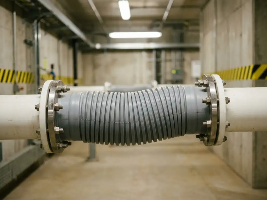 Flexibler Wellrohr-Kompensator aus Kunststoff zwischen zwei weißen HDPE-Rohrleitungen mit Edelstahlflanschen, leichte Biegung zur Wärmedehnung.