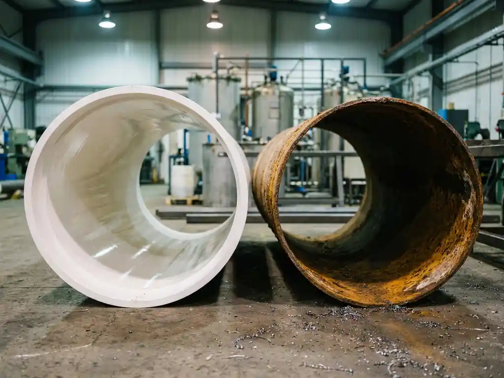 Weißes Kunststoffrohr neben verrostetem Metallrohr auf Industrieboden, chemische Verarbeitungsanlage im Hintergrund.