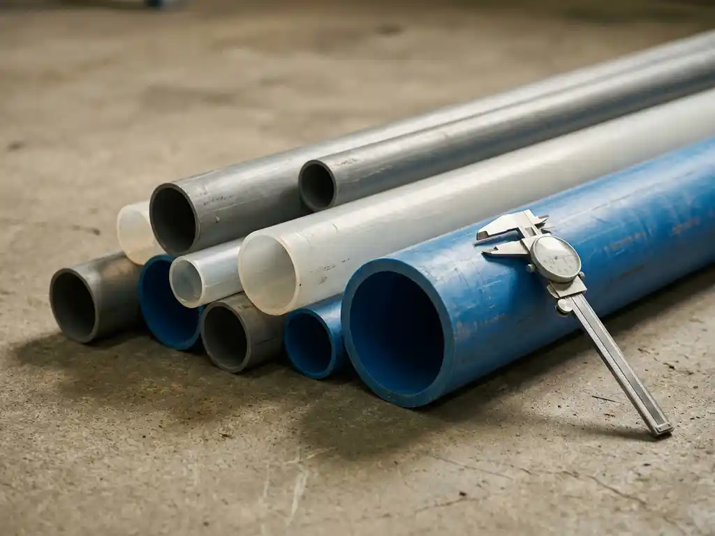 Industrielle Kunststoffrohre verschiedener Durchmesser im Querschnitt auf Betonboden, Stahlmessschieber am größten Rohr angelehnt.