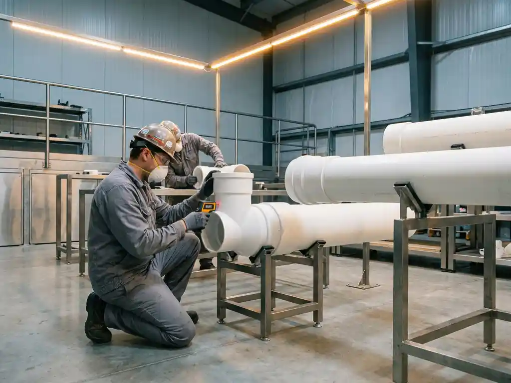 Arbeiter in Schutzausrüstung prüft Rohrverbindung aus weißem Kunststoff in einer Industrieanlage mit Edelstahlhalterungen.