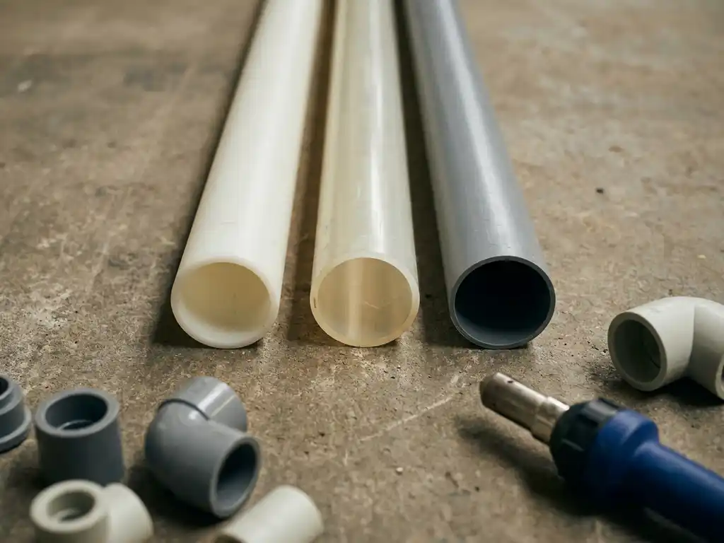 Drei Industrierohre aus PP, PE und PVC nebeneinander auf Betonboden mit Rohrverbindern und Schweißwerkzeug.