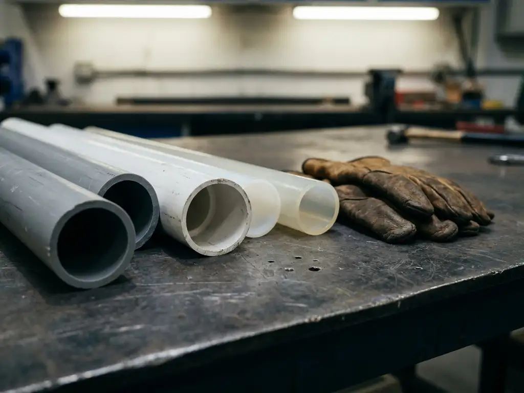 Verschiedene Industrierohre aus PP, PVC und PVDF nebeneinander auf verwitterter Stahloberfläche, Lederarbeitshandschuhe daneben.