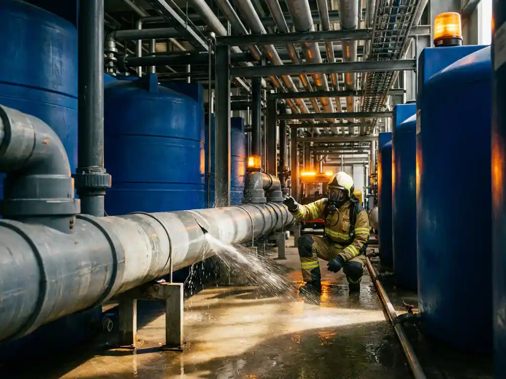 Techniker in Schutzausrüstung begutachtet gerissene Industriepipeline mit Druckflüssigkeitsaustritt in chemischer Verarbeitungsanlage.