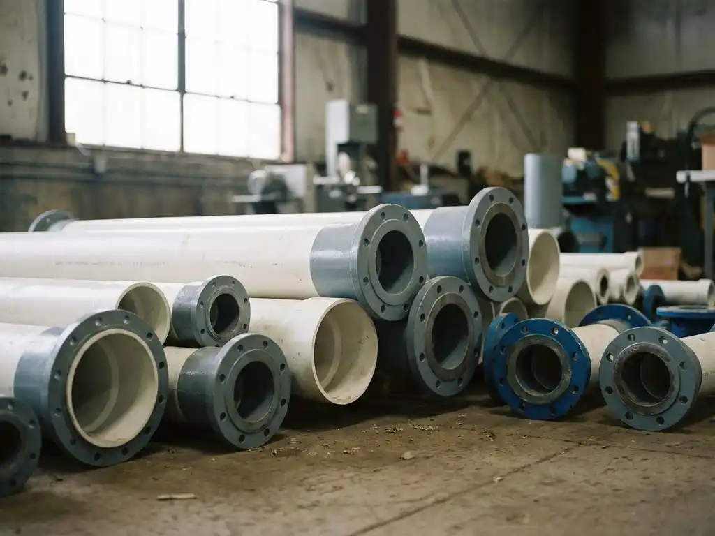 Weiße PVC-Druckrohre verschiedener Durchmesser mit Rohrverbindern und Flanschkupplungen auf einem Betonboden in einer Industriehalle.